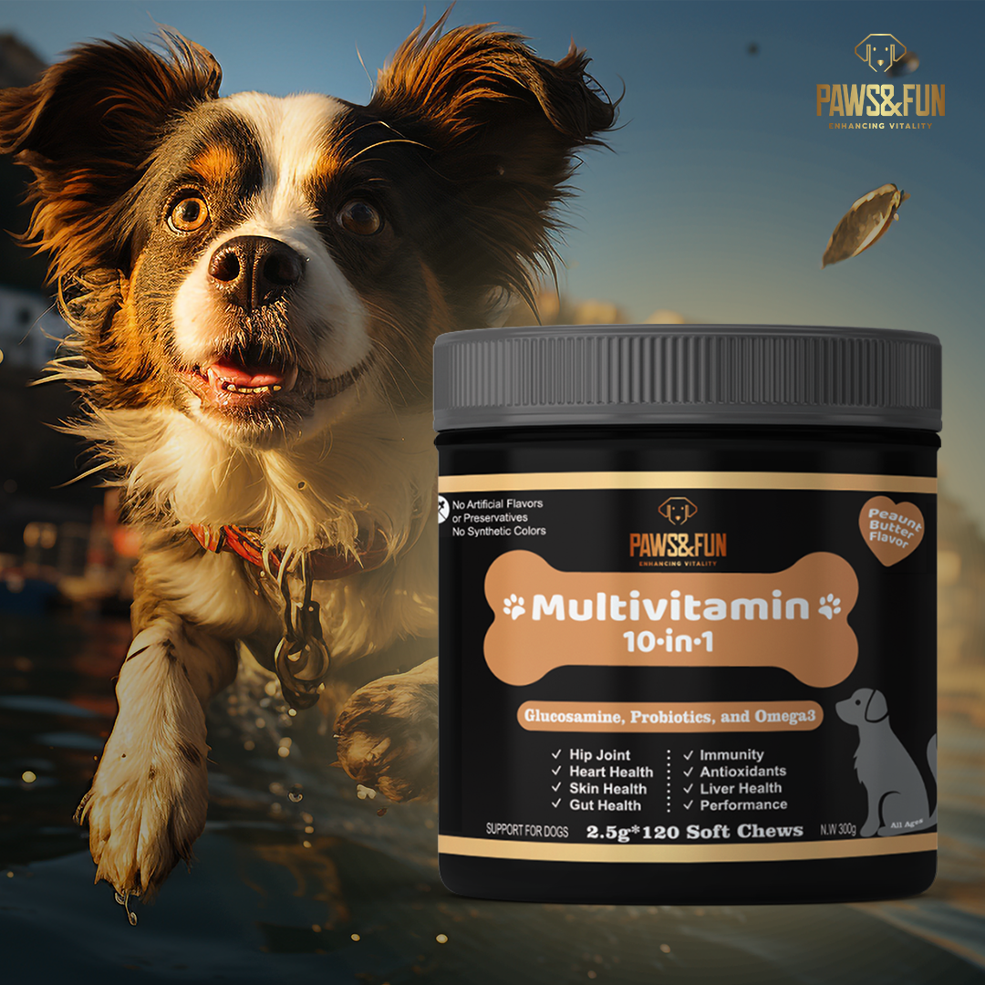 Paws&Fun – Dogs Supplement Multivitamin + Glucosamine for Hip & Joint + Probiotics for Digestion + Omega 3 Salmond Oil for Skin and Coat; 10 in 1 Chews (Peanut Butter 120ct)