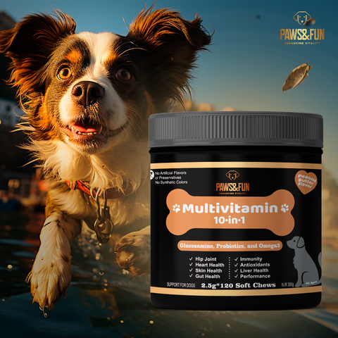 Paws&Fun – Dogs Supplement Multivitamin + Glucosamine for Hip & Joint + Probiotics for Digestion + Omega 3 Salmond Oil for Skin and Coat; 10 in 1 Chews (Peanut Butter 120ct)