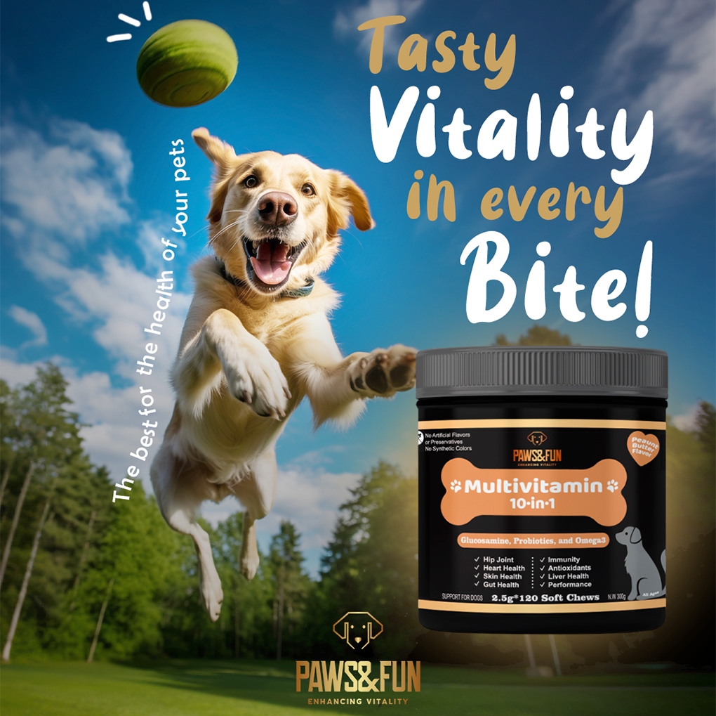 Paws&Fun – Dogs Supplement Multivitamin + Glucosamine for Hip & Joint + Probiotics for Digestion + Omega 3 Salmond Oil for Skin and Coat; 10 in 1 Chews (Peanut Butter 120ct)